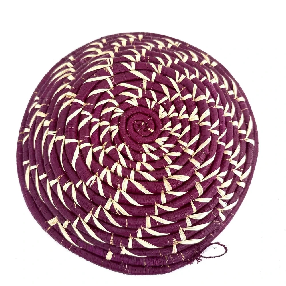 Handmade Woven Basket Bowl Purple Natural Raffia Spiral Wall Decor 8 Inch